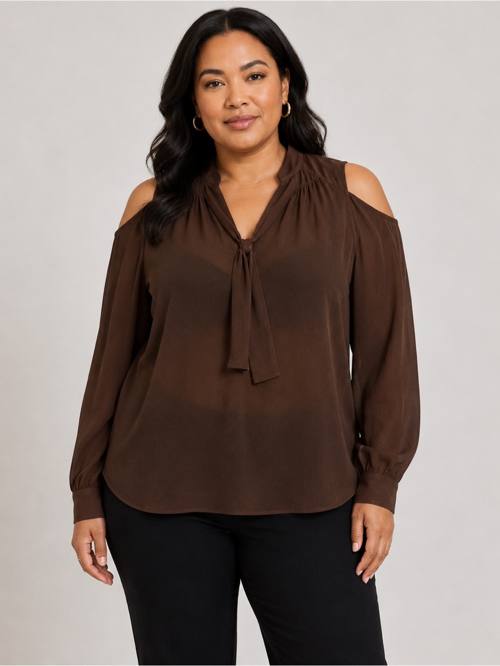 Eloquii Brown Cold-Shoulder Tie-Neck Blouse